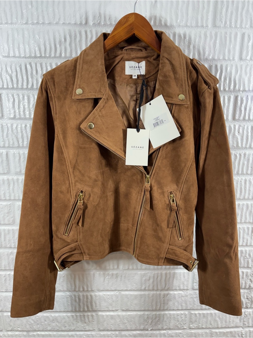 Sézane Zig Camel Suede Leather Biker Jacket Size 44 NWT - Picture 2 of 8